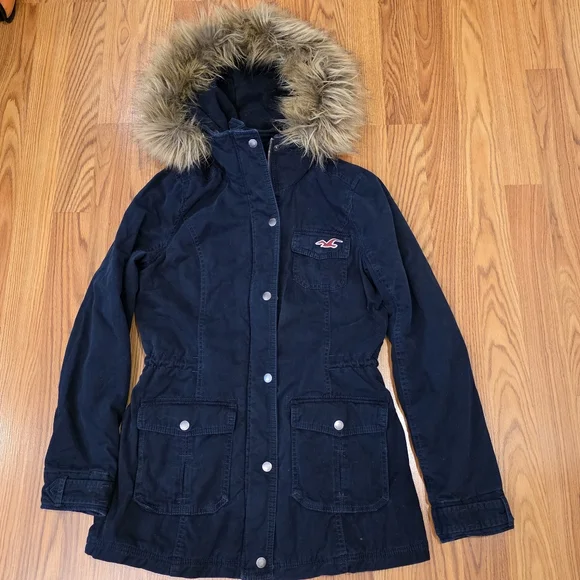 Hollister Y2K Navy Blue Hooded Utility Coat Sherpa Lined Jacket Women's Size M - Picture 10 of 16